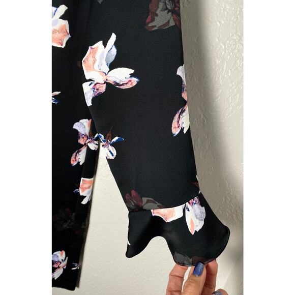 Banana Republic Women's Floral Ruffle-Cuff Dress Sheath Shift Lined Black Print - Picture 5 of 8